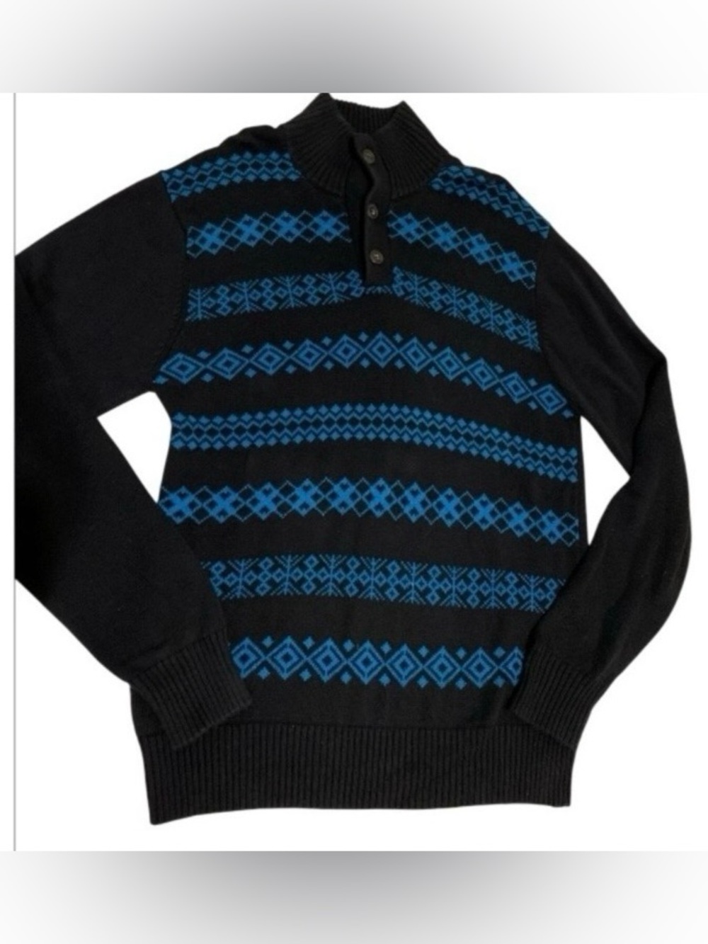 Carbon black Cotton Mocked neck sweater with teal geometric
